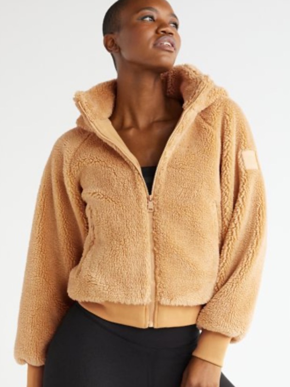 LOVE & SPORTS Tan Faux Sherpa Zip Up Athleisure Hooded Teddy Jacket Size XS
